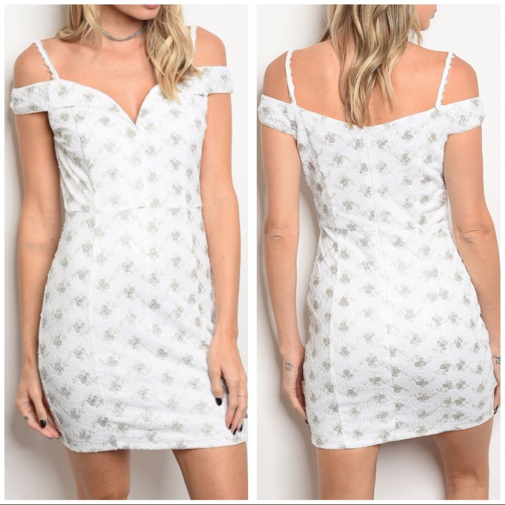 💕White & Silver Bodycon Off Shoulder Dress w/ Sequins💕